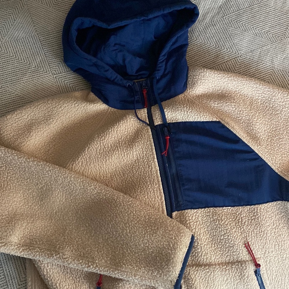 J. Crew Beige Sherpa Hoodie with Navy Accents